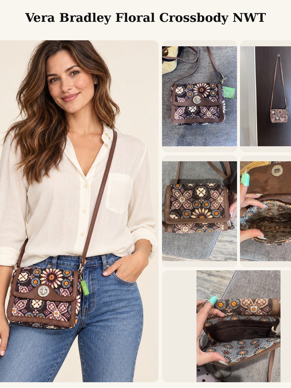 Vera Bradley Brown Floral Quilted Crossbody with Multicolor Flowers